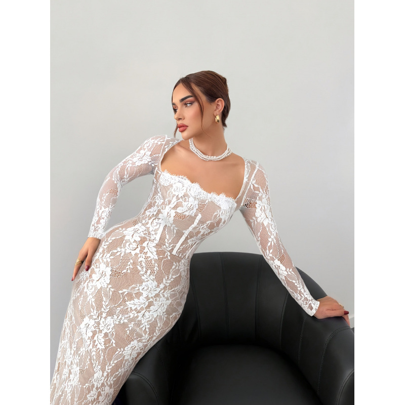 Elegant Square Neck Lace Trim Long Sleeve Bodycon Maxi Dress