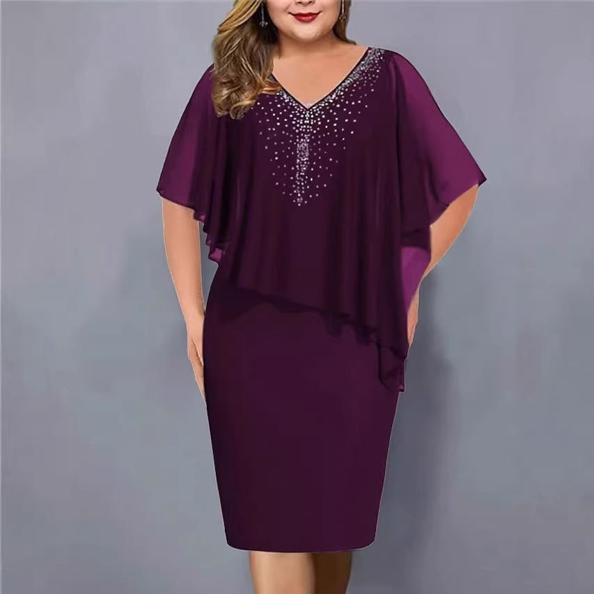 V-Neck Rhinestone Mesh Cape A-Line Midi Dress