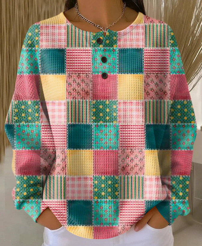 Women's 3D Print Waffle Knit Long Sleeve Polo Shirt