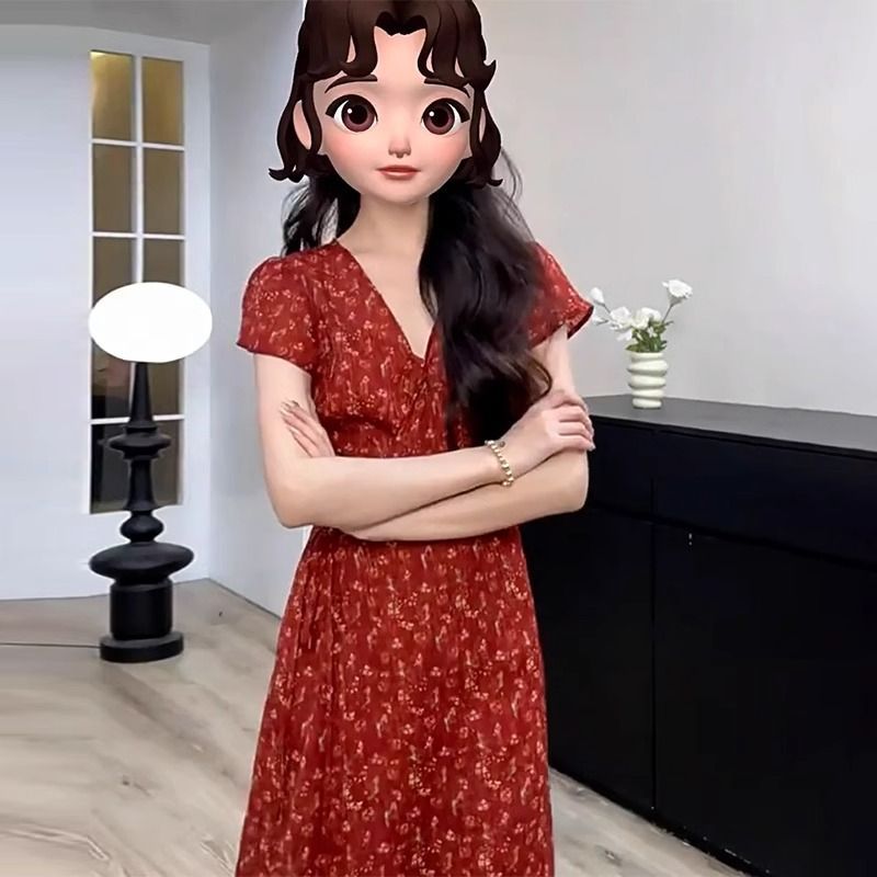 Plus Size French Vintage Red V-Neck Floral Midi Dress with Waist Tie
