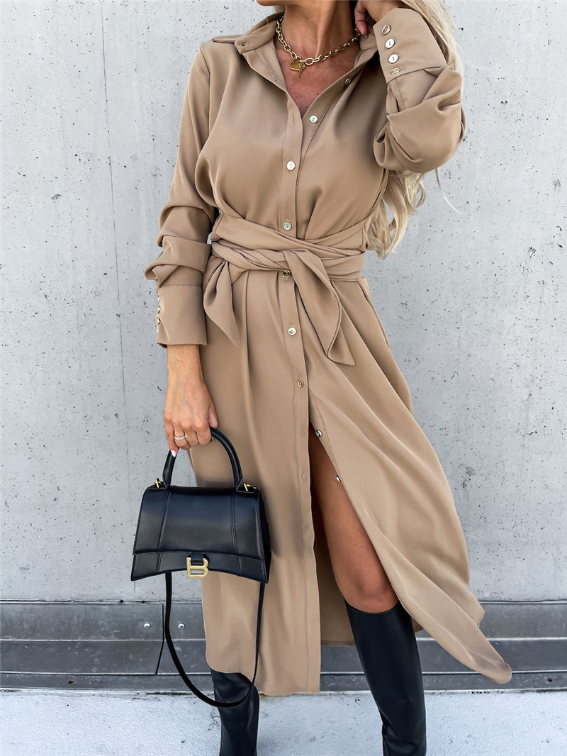 Women's Solid Color Long Sleeve Open Front Maxi Dress with Tie