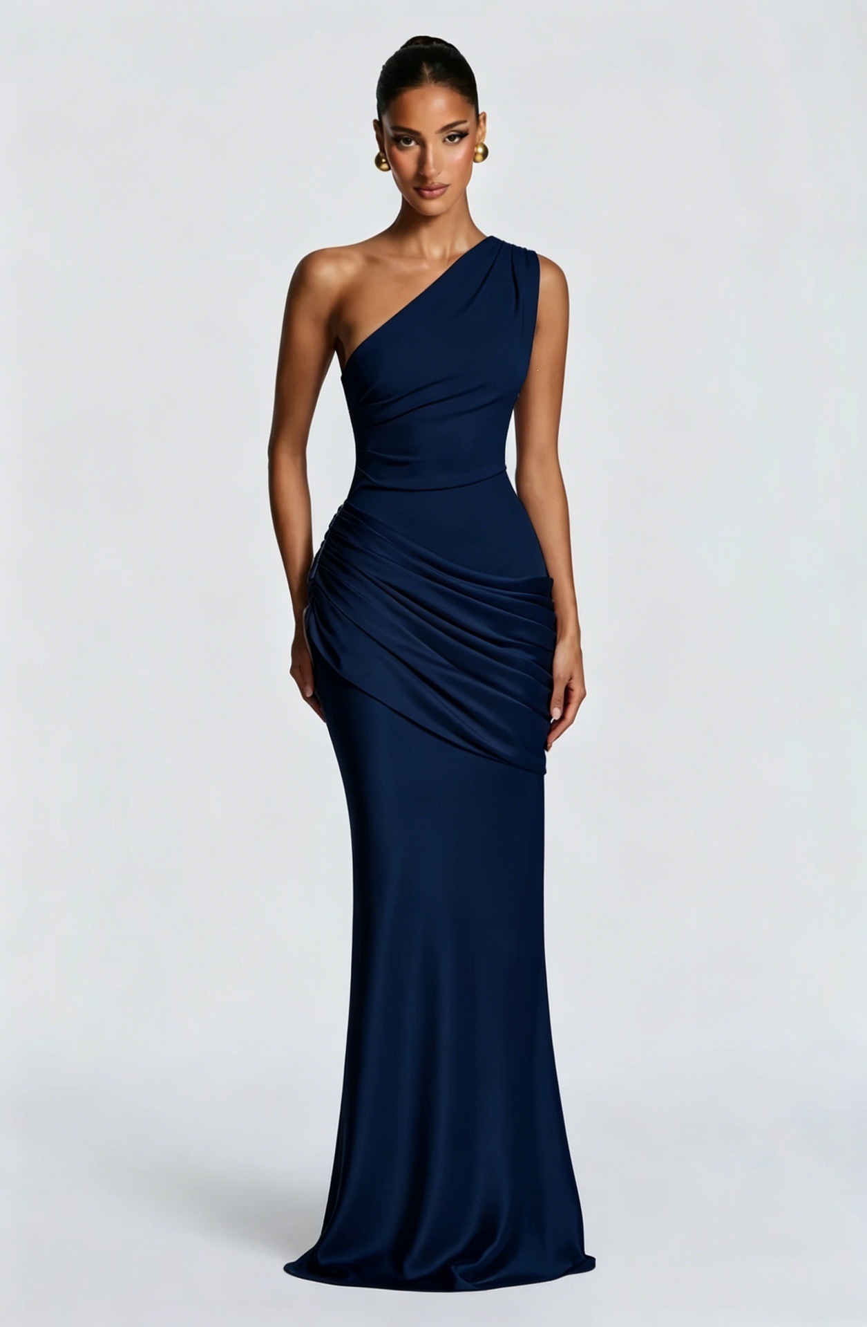 One-Shoulder Ruched Satin Bodycon Maxi Dress