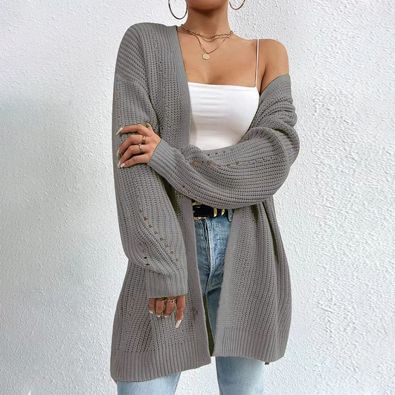Women's Mid-Length Knit Cardigan Lightweight Open Front Long Sleeve Solid Color