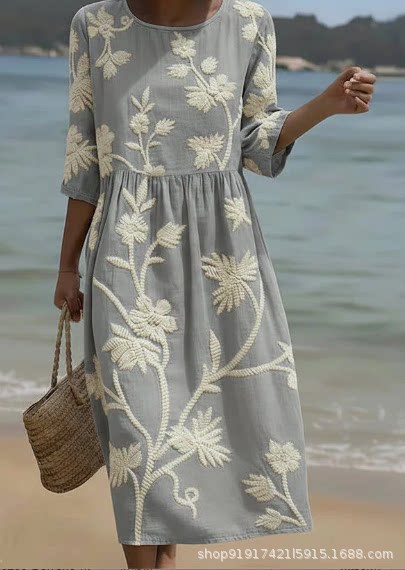 Women's Floral Print Ruched Midi Dress with Half Sleeves