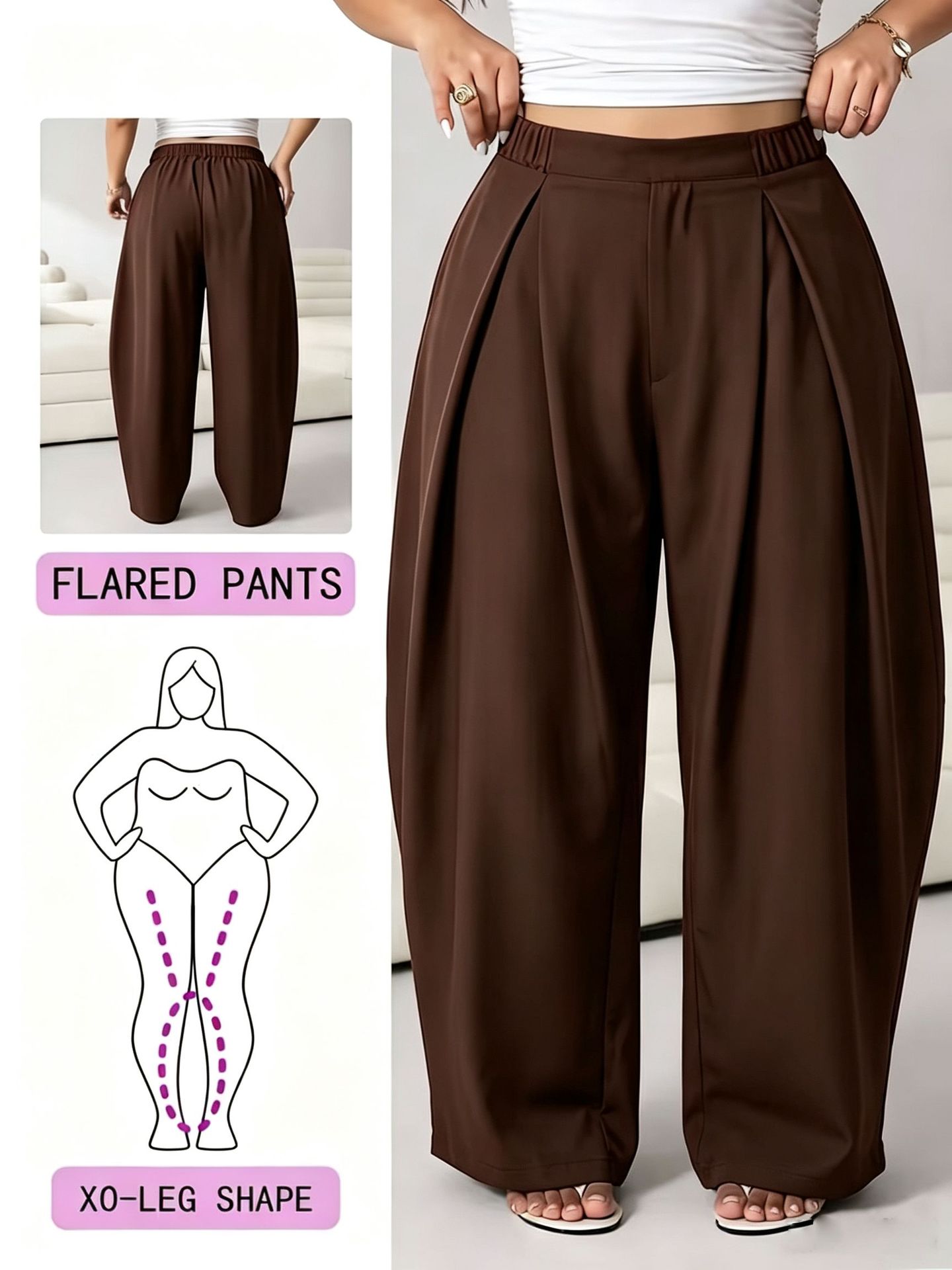 High-Waisted Pleated Wide-Leg Pants with Elastic Waist