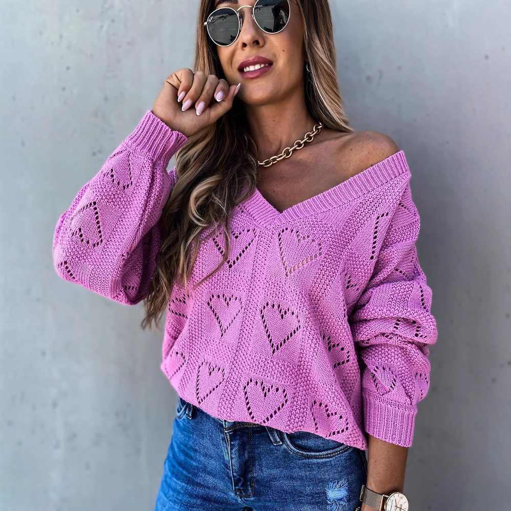 V-Neck Heart Cutout Long-Sleeve Sweater