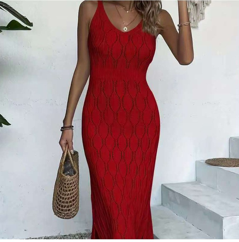 Women's Sleeveless V-Neck Hollow-Out Knit Beach Dress