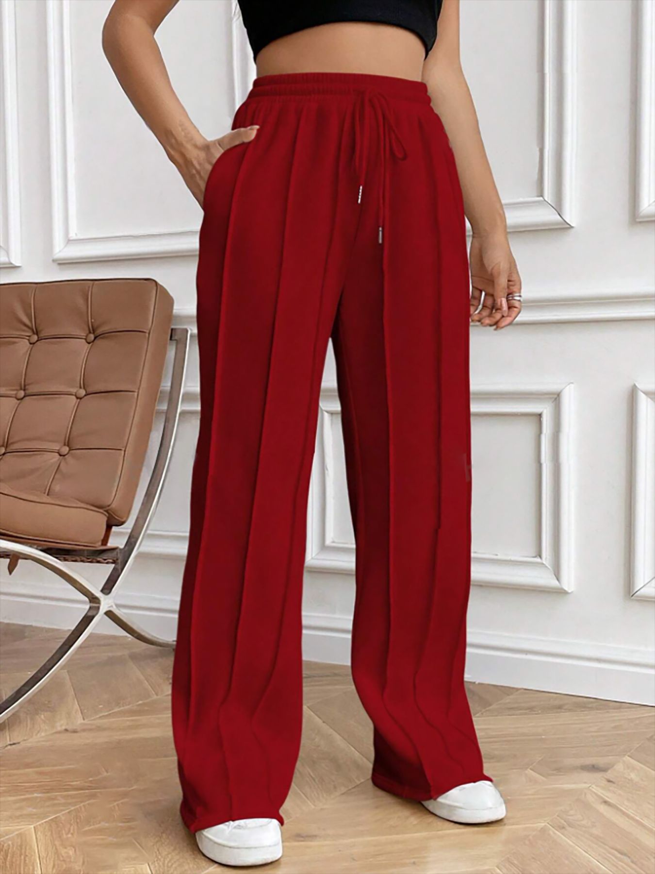 Women's Casual Drawstring Straight-Leg Track Pants with Vertical Stripes