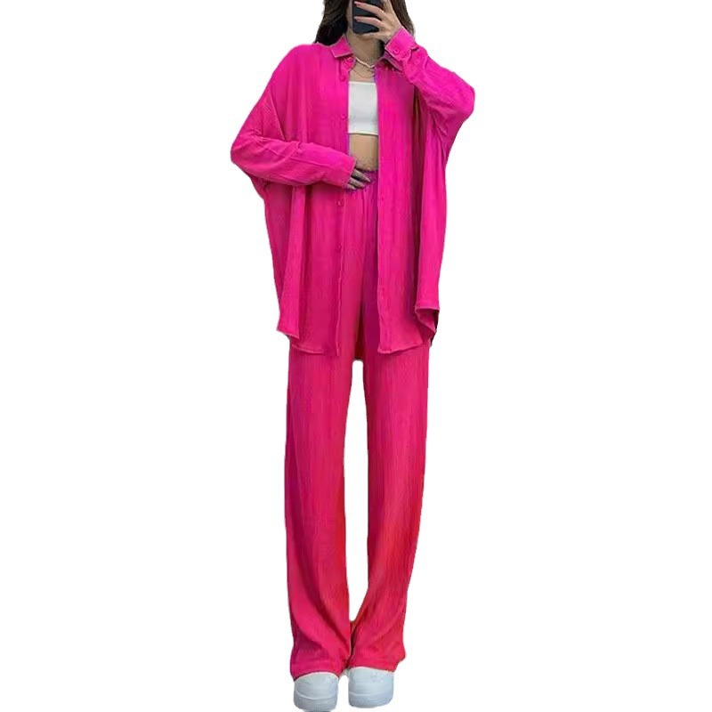 Women's Loose Stretch Crinkle Long Sleeve Shirt & Wide Leg Pants Casual 2-Piece Set