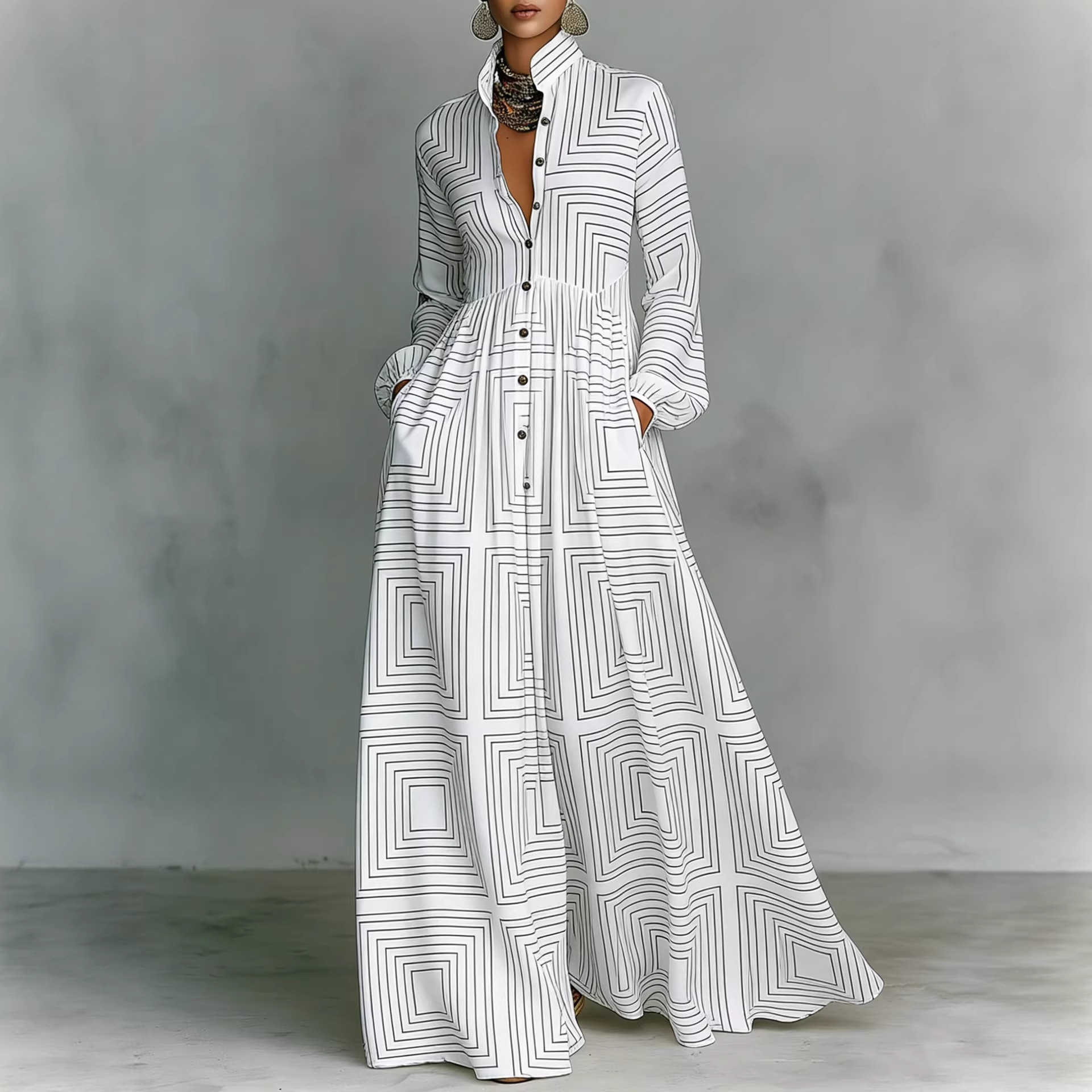 French Floral Print Long Sleeve Dress with Waist and Pockets