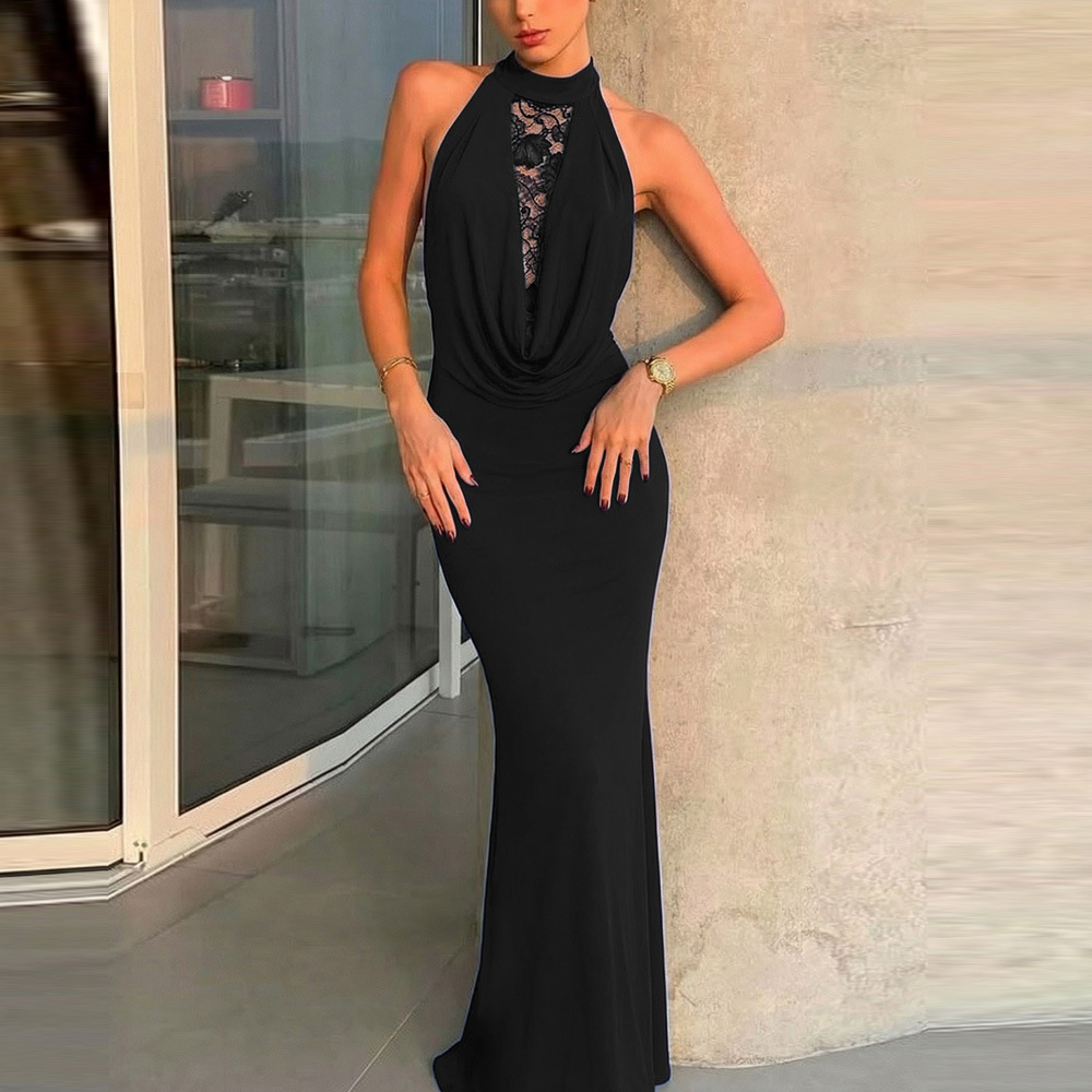 French Lace Spliced Cutout Backless Slit Halter Dress