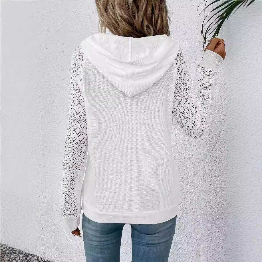 Women's Lace Waffle Knit Hooded Sweatshirt Casual Pullover
