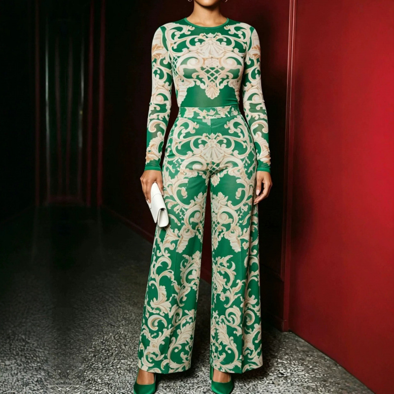 Floral Print Long Sleeve High Waist Two-Piece Pants Set
