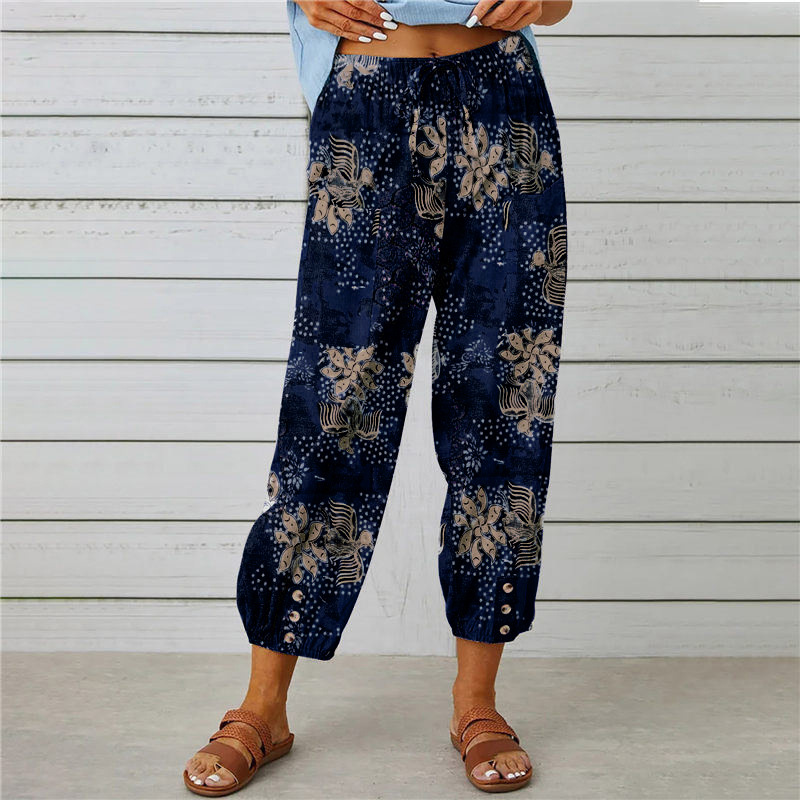 Cotton-Linen High-Waist Drawstring Cropped Pants with Vintage Print