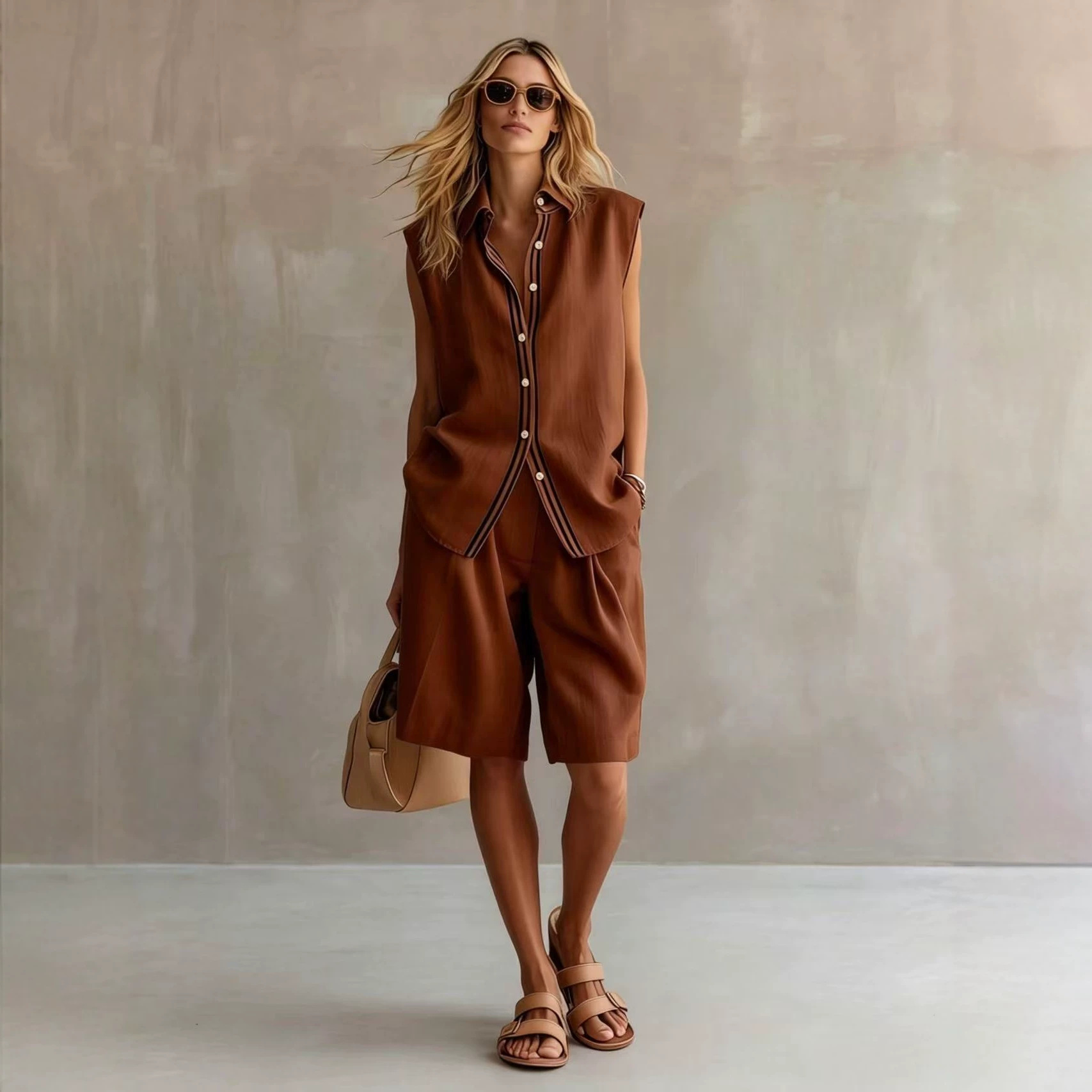 Women's Sleeveless Linen Shirt and Shorts Set Single-Breasted Solid Color