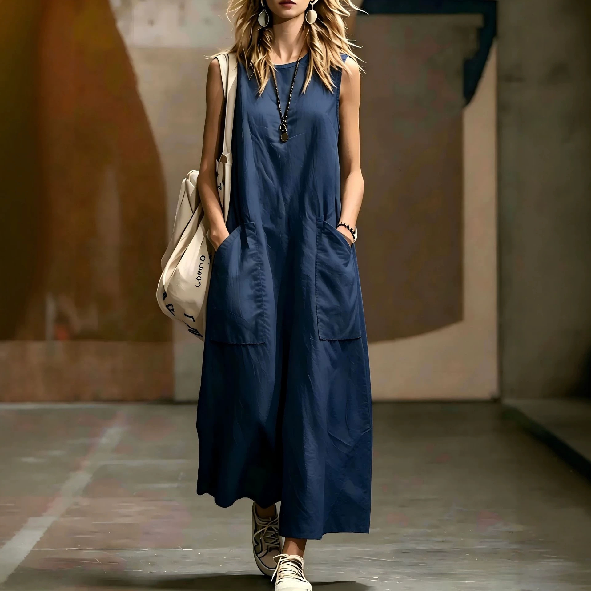 Women's Solid Sleeveless A-Line Midi Dress with Pockets