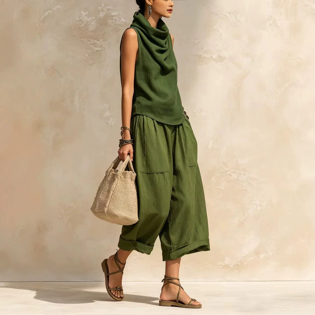 Women's Draped Neck Wide-Leg Pants Two-Piece Set