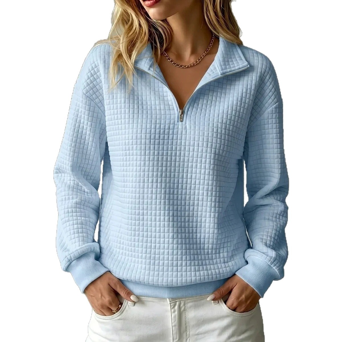 Women's Waffle Knit Zip-Up Long Sleeve Sweatshirt Solid Color Loose Fit