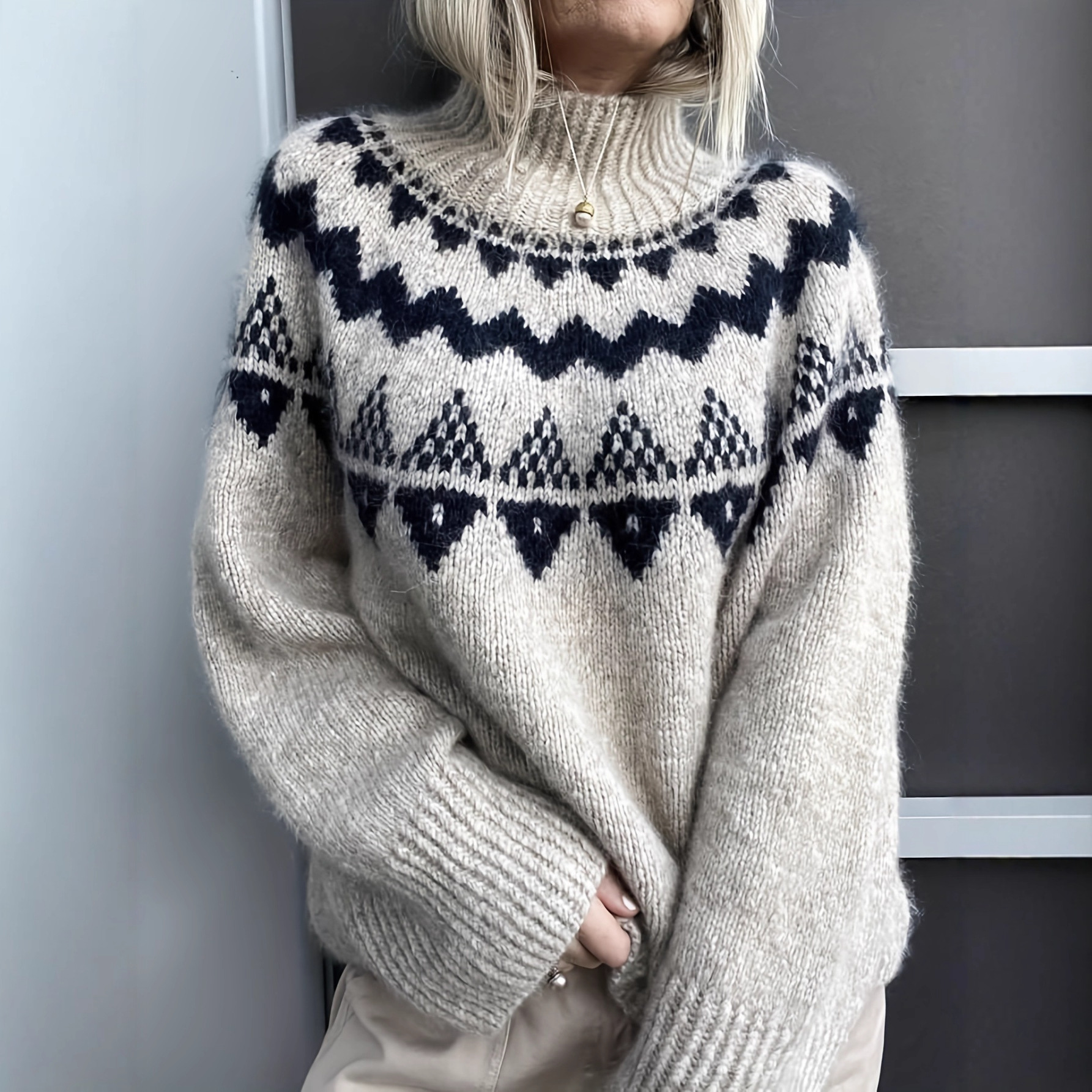 Women's Retro Jacquard Pullover Knit Sweater Loose Fit Turtleneck