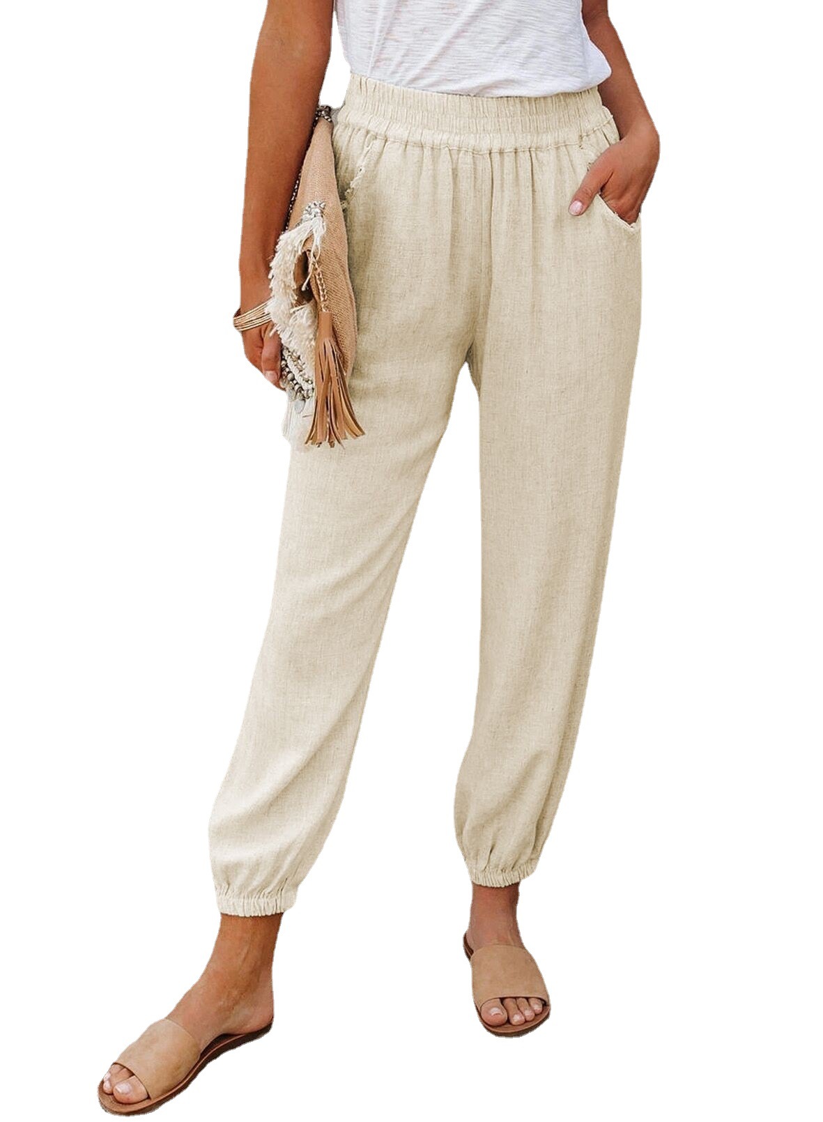Women's Loose Fit Cropped Jogger Pants with Pockets Mid Rise