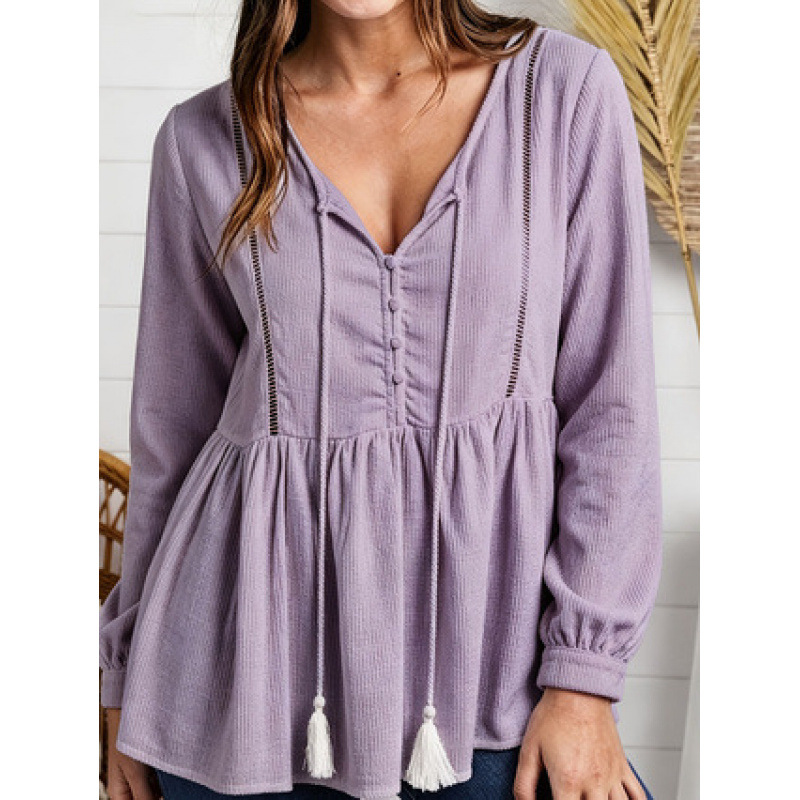 Women's V-Neck Lace Trim Long Sleeve Sweatshirt