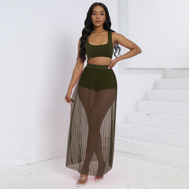 Women's Sheer Pleated Mesh Tank Top Skirt Shorts 3-Piece Set