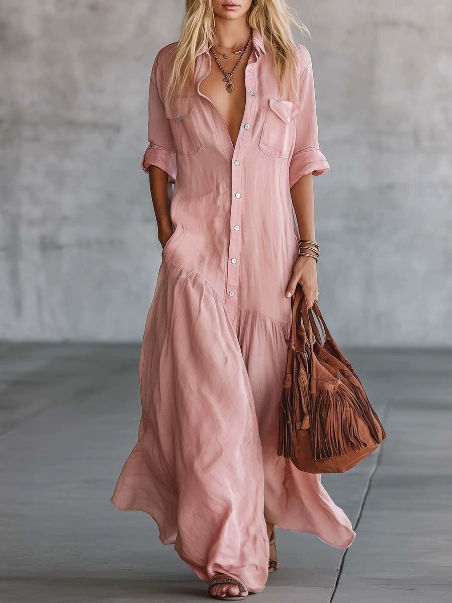 Women's Button-Front Short-Sleeve Solid Shirt Dress Casual Vacation Long Dress