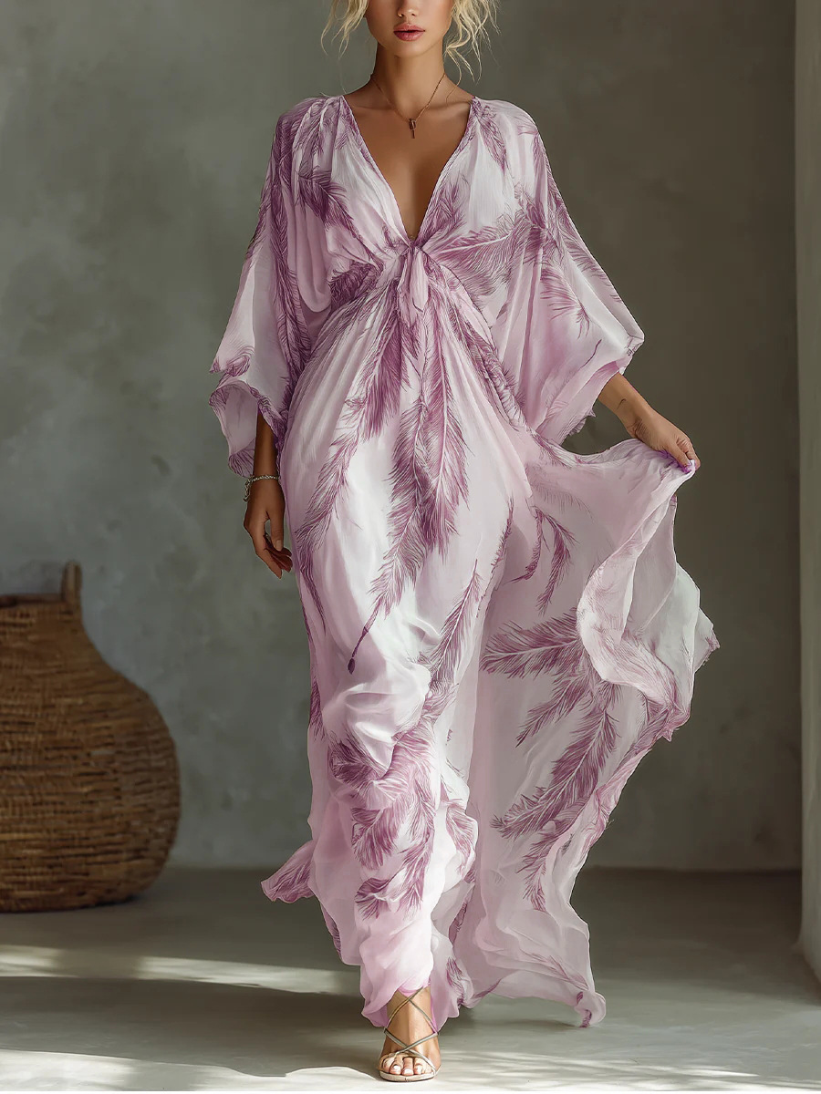 V-Neck 3/4 Sleeve Floral Print Midi Dress with Waist