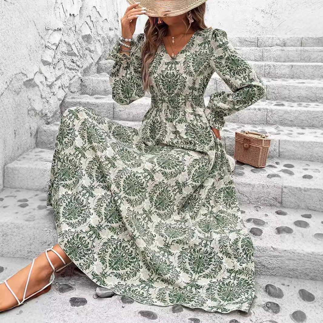 Women's Floral Print V-Neck Long Sleeve Maxi Dress