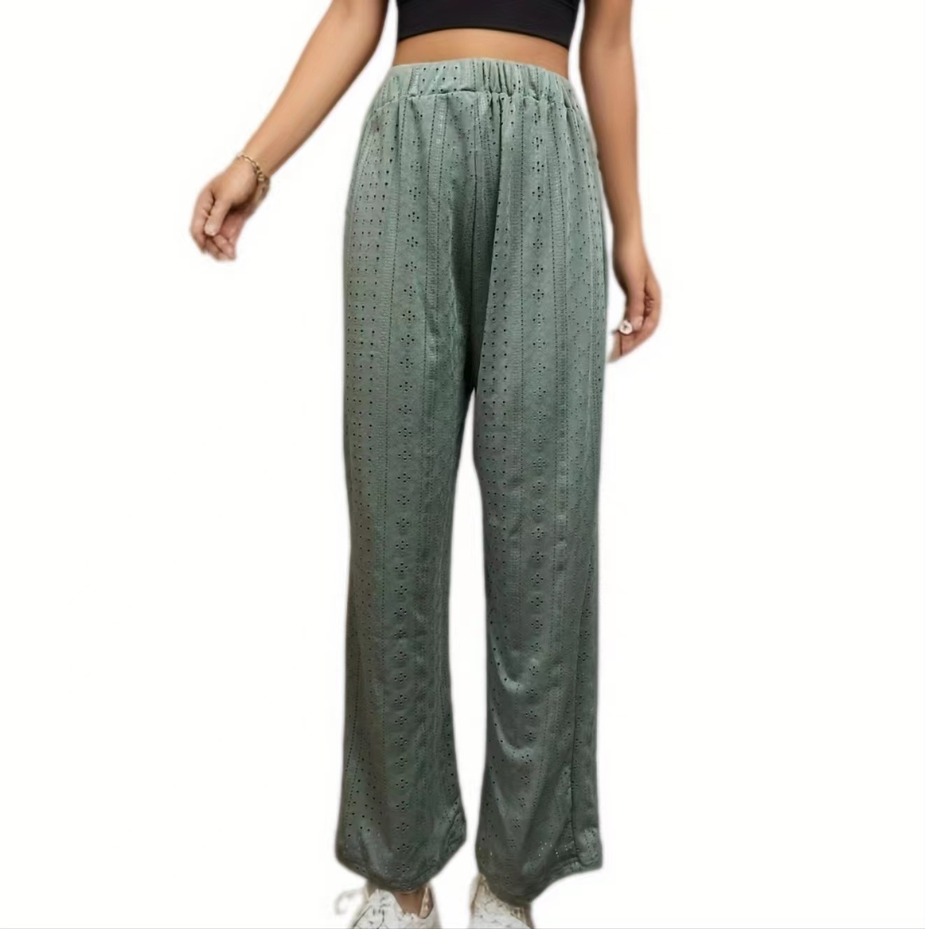 Women's Casual Solid Color Hollow Out High Waist Straight Leg Pants