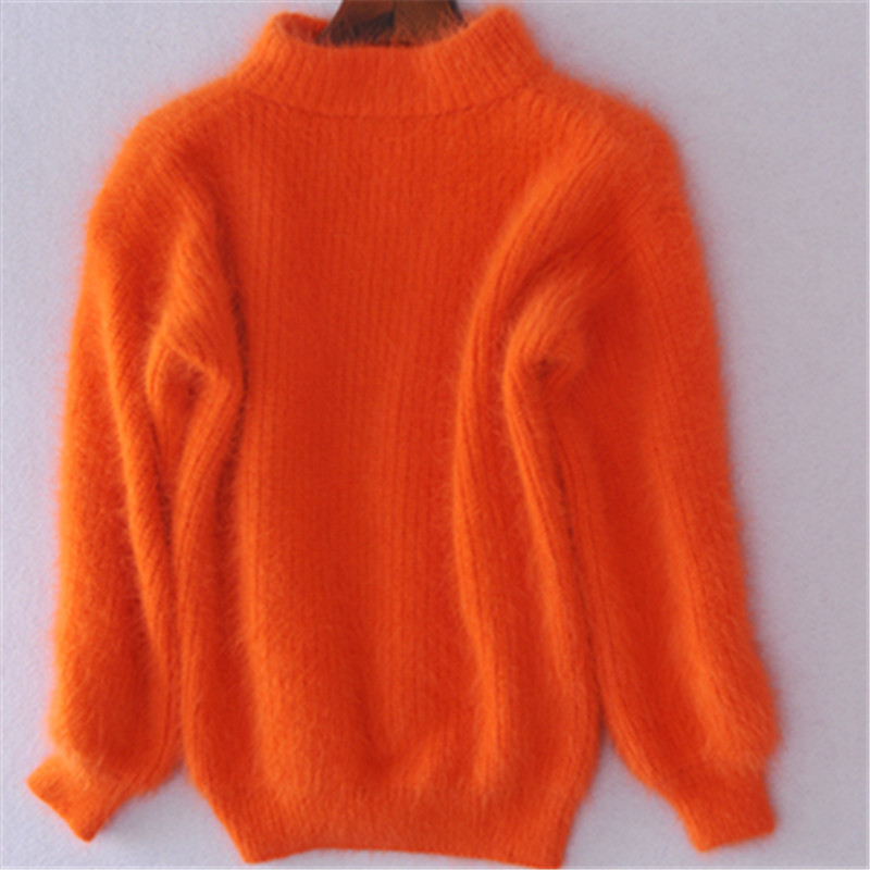 Faux Mink Half-Turtleneck Lantern-Sleeve Knit Sweater