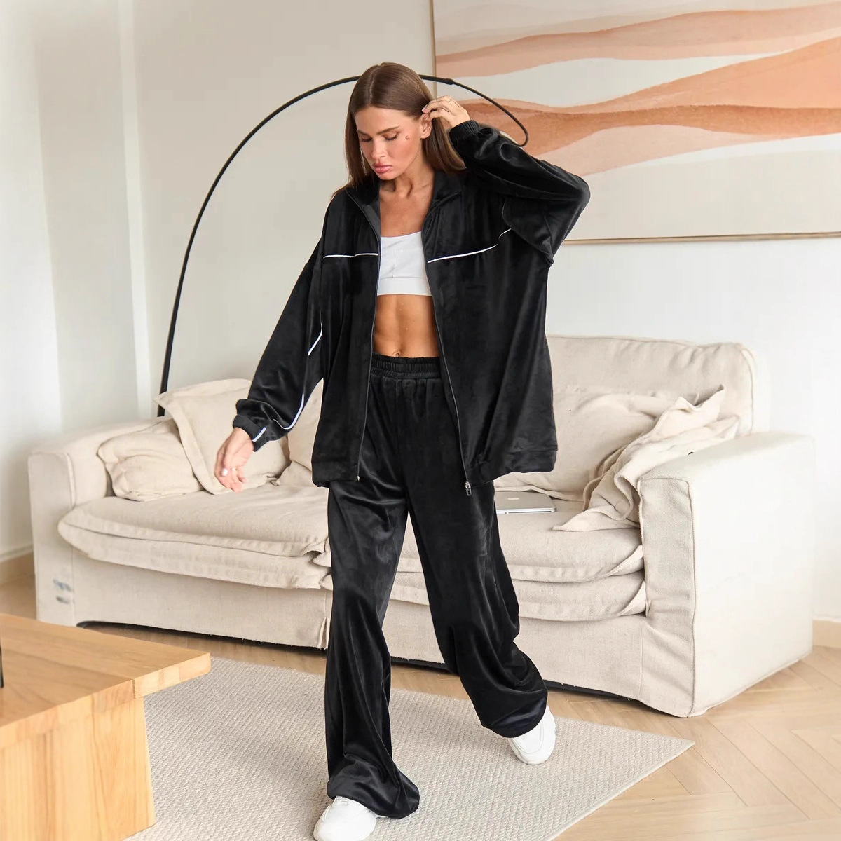 Women's Casual Long Sleeve Zip-Up Collared Tracksuit Set