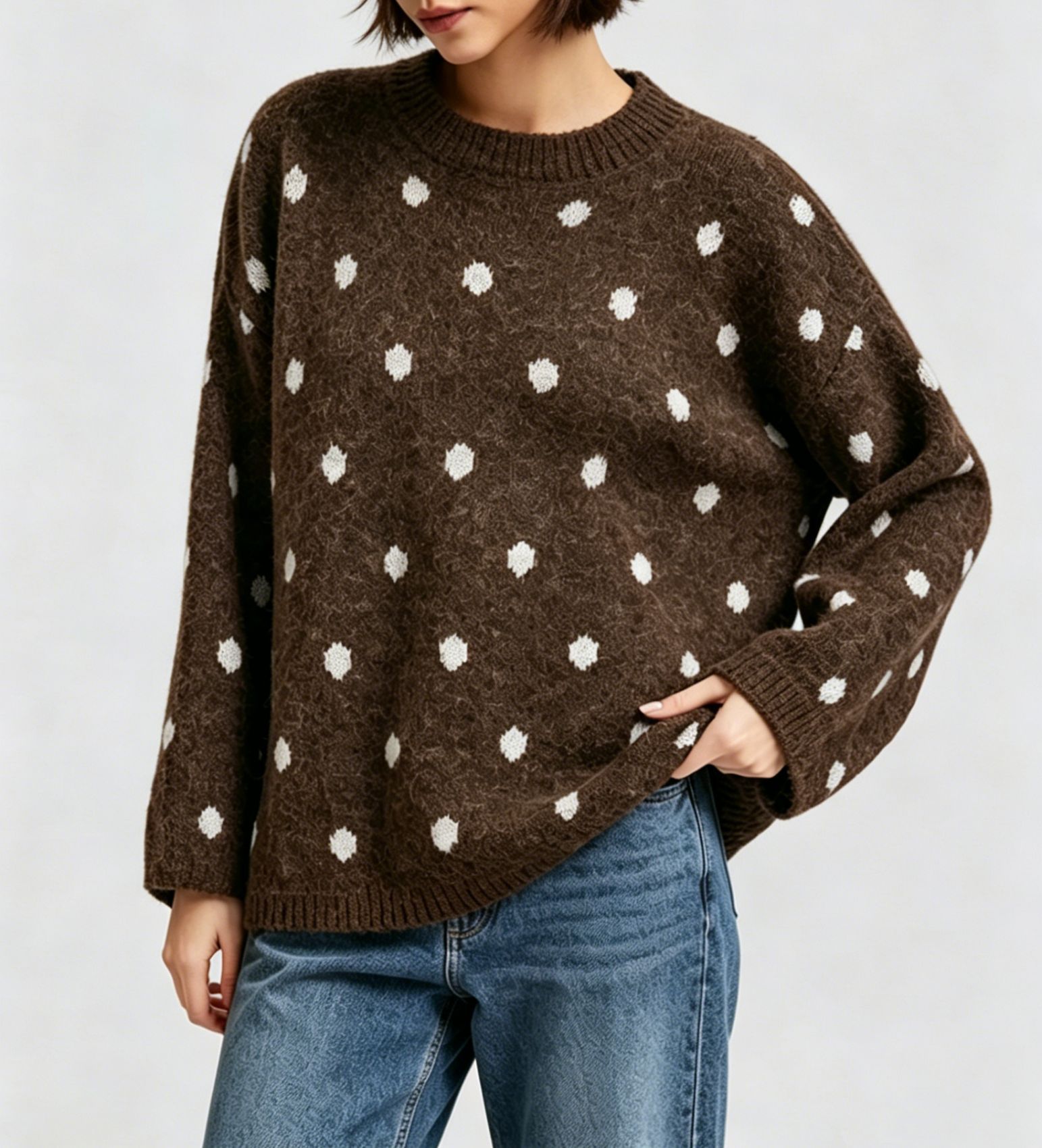 Polka Dot Crewneck Pullover Sweater for Women Soft Knit Top