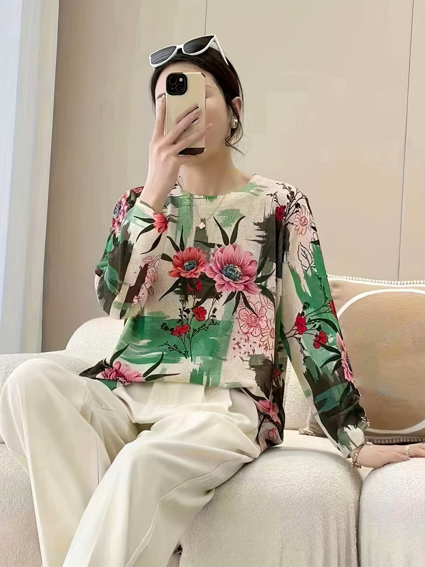 Palace Oil Painting Print Knit Pullover Sweater Long Sleeve Crew Neck Color Block Women's