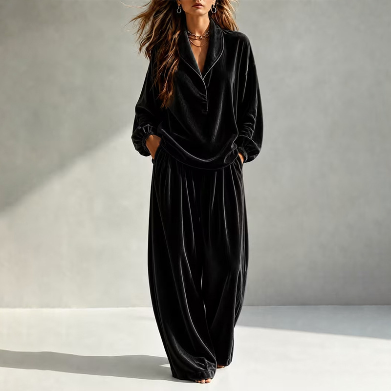 Women's Two-Piece Long Sleeve Collared Top and Wide-Leg Pants Set
