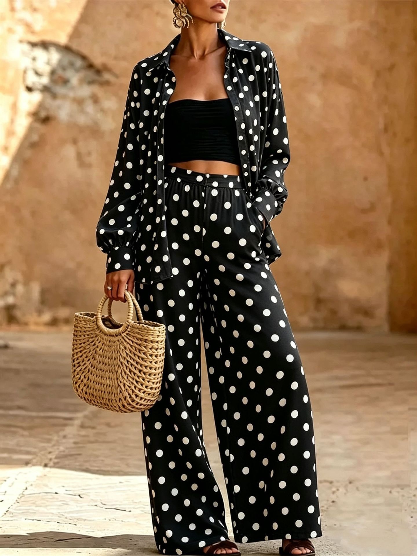 Women's Polka Dot Two-Piece Set with Wide-Leg Pants