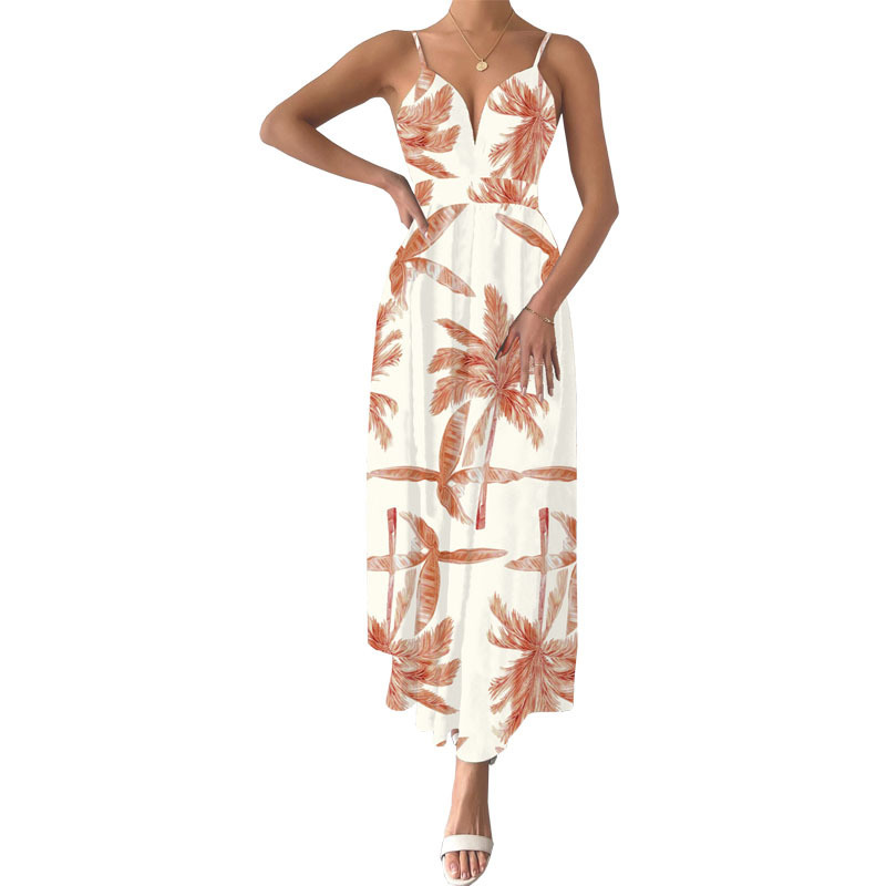 Women's Summer Printed V-Neck Sleeveless Midi Dress with Cinched Waist