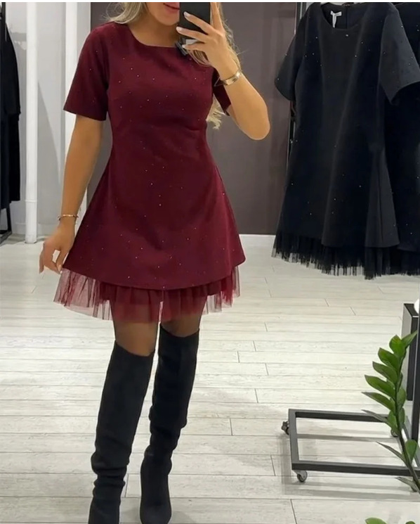 Rhinestone Hem Mesh Ruched Solid Color Commuter Dress