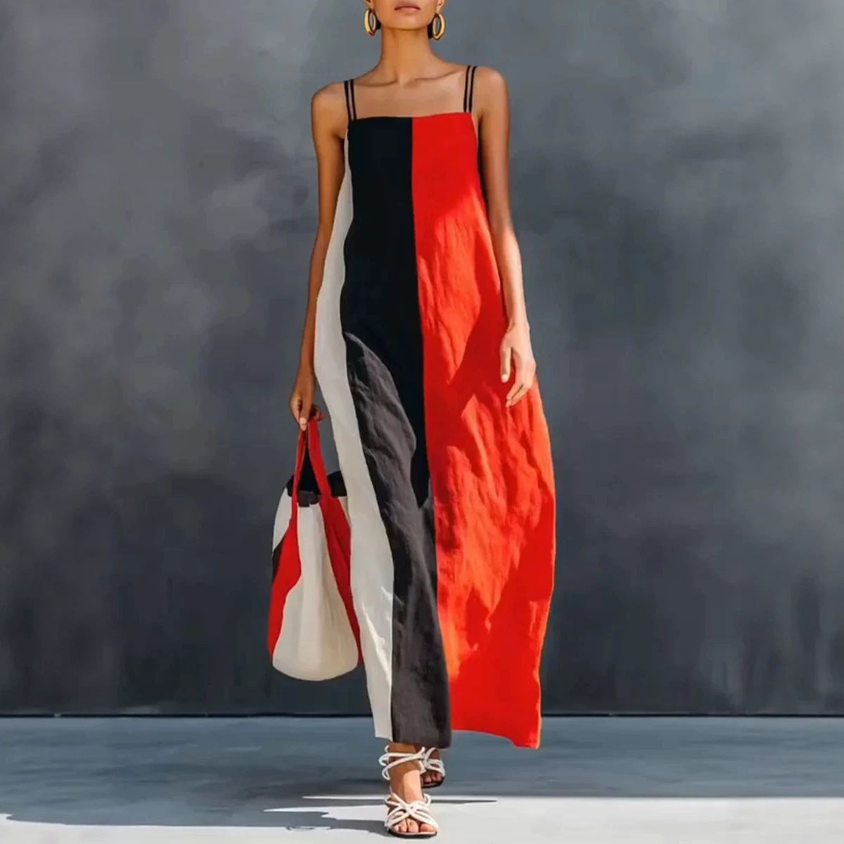 Women's Sleeveless Spaghetti Strap Dress Casual Vacation Color Block Long Dress