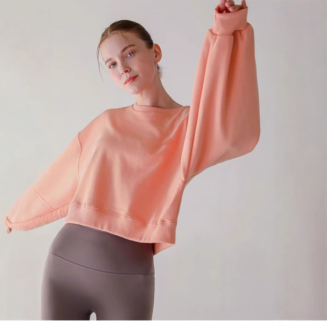 Women's Cropped Crewneck Pullover Sweatshirt Long Sleeve Yoga Fitness Top