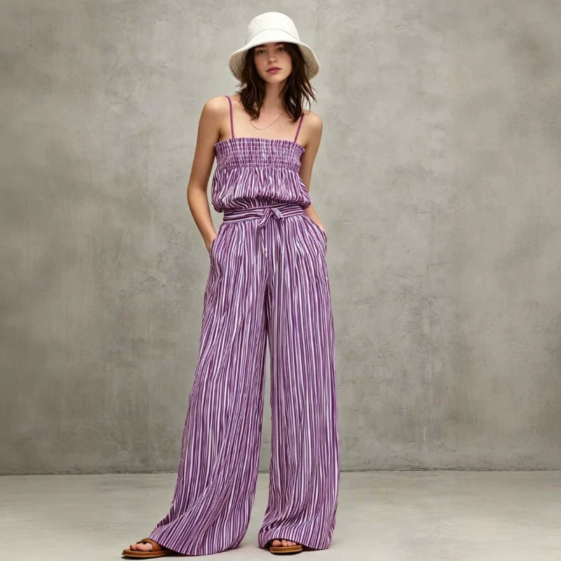 Striped Off-Shoulder Top and Pants Set Casual Loose Fit