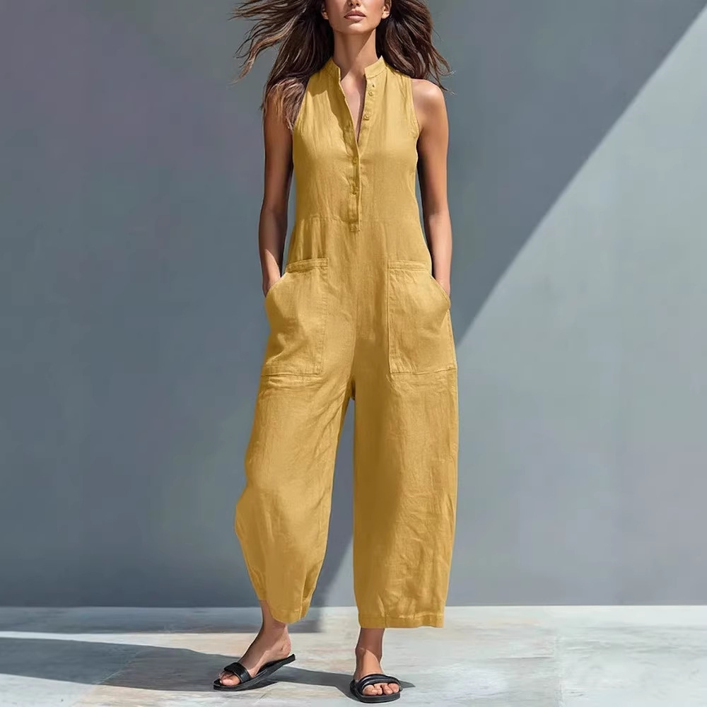 Women's Sleeveless Stand Collar Pocket Jumpsuit Casual Solid Color Straight Leg