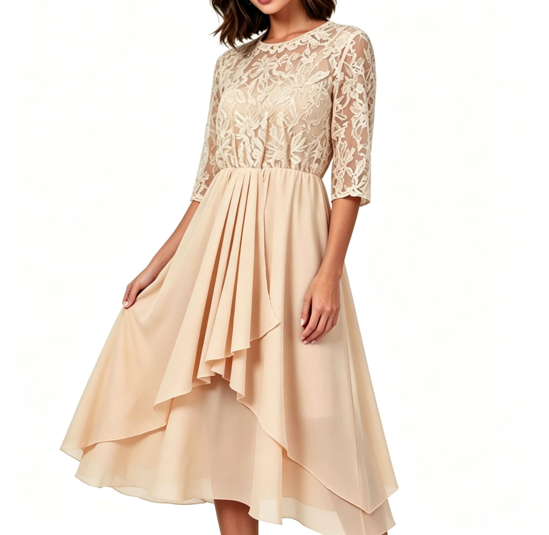 Women's Summer Lace Chiffon Round Neck Asymmetrical Hem Dress