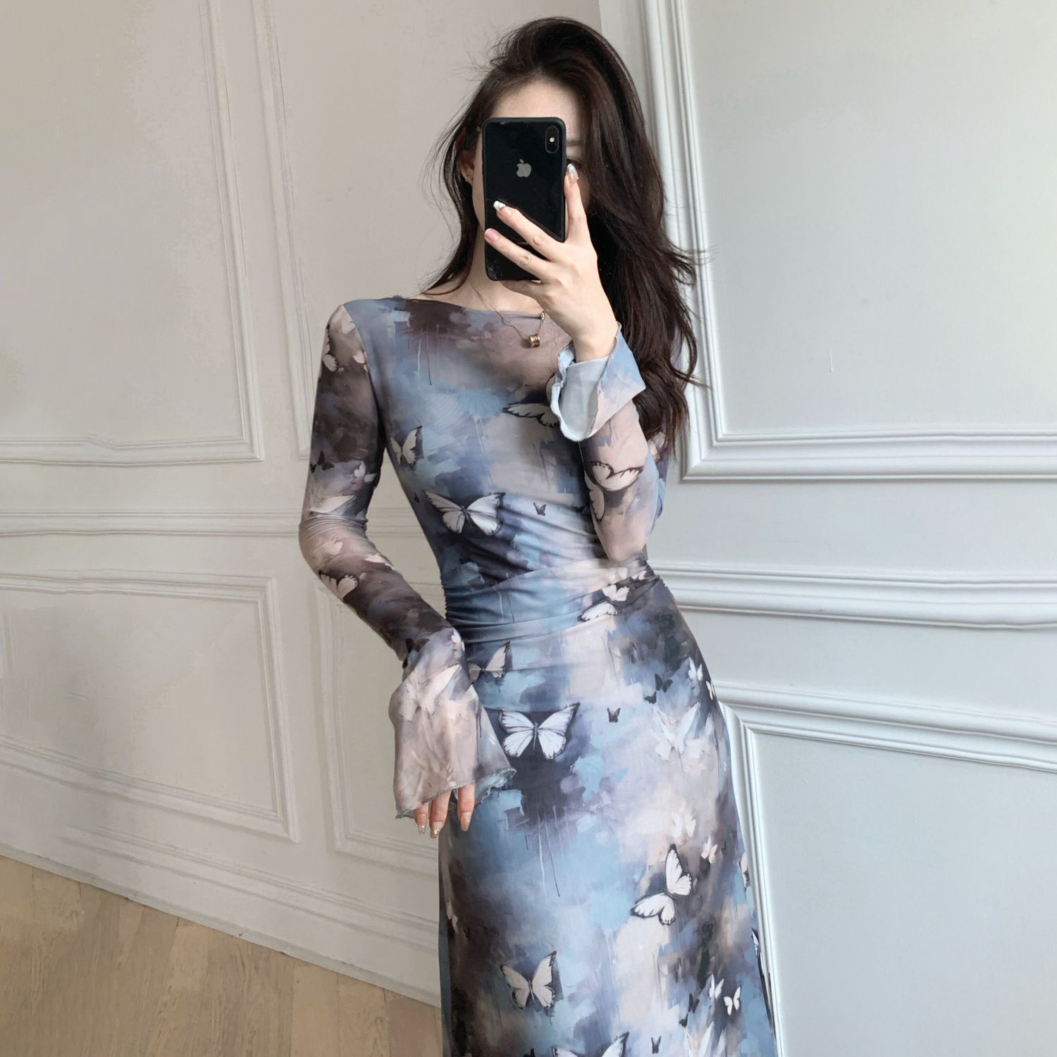 Long Sleeve Ink Butterfly Print Mesh Bodycon Midi Dress