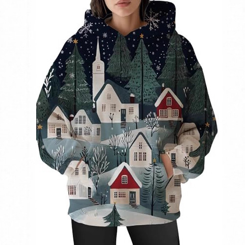 Women's Christmas Print Hoodie with Lantern Leaf Motif