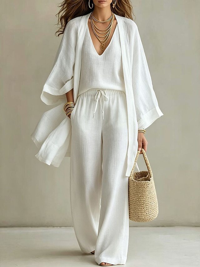 Women's Summer Solid Color Cotton-Linen 3-Piece Set: Open-Front Cardigan, Sleeveless Tank, Wide-Leg Pants