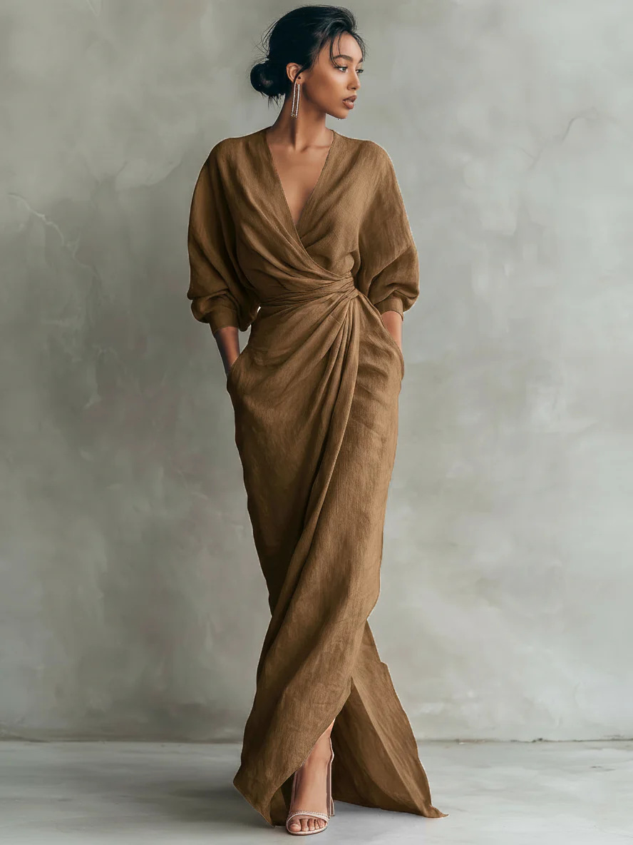 Solid V-Neck Long Sleeve Maxi Dress with Belt