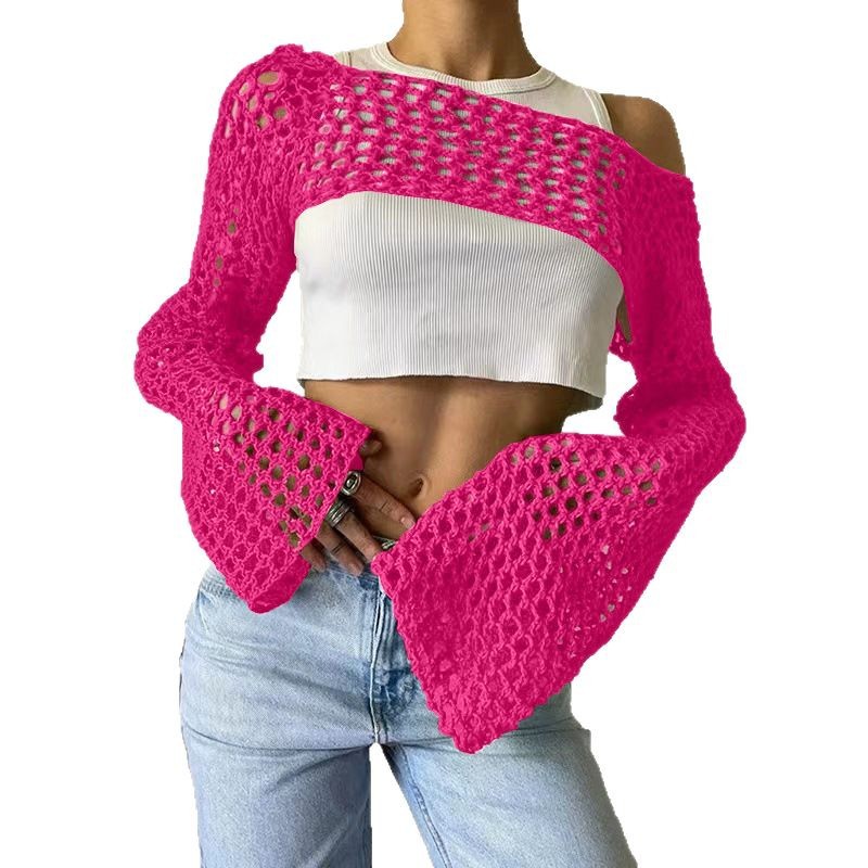 Women's Crochet Mesh Crop Top with Bell Sleeves