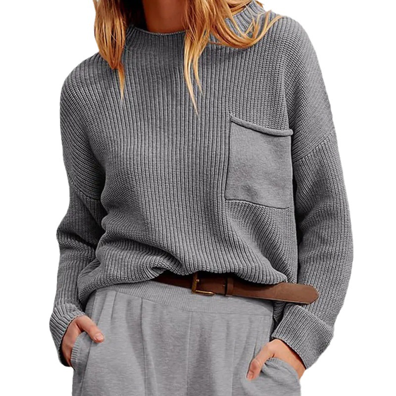 Women's Loose Crewneck Long-Sleeve Pocket Knit Sweater