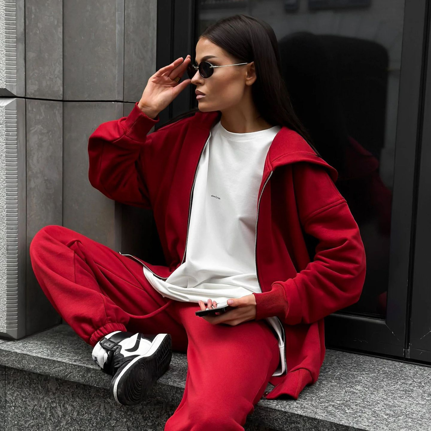 Women's American-Style Zip-Up Hooded Cardigan and Pants Two-Piece Set